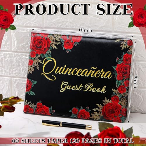 Image of MotiMind Quinceanera Guest Book with Pen 11 x 8 Inch Libro De Firmas Para 15 Anos Quinceanera Leather Hardcover Signature Book Guest Sign in for 15th Party Favors Decoration(Black,Floral)