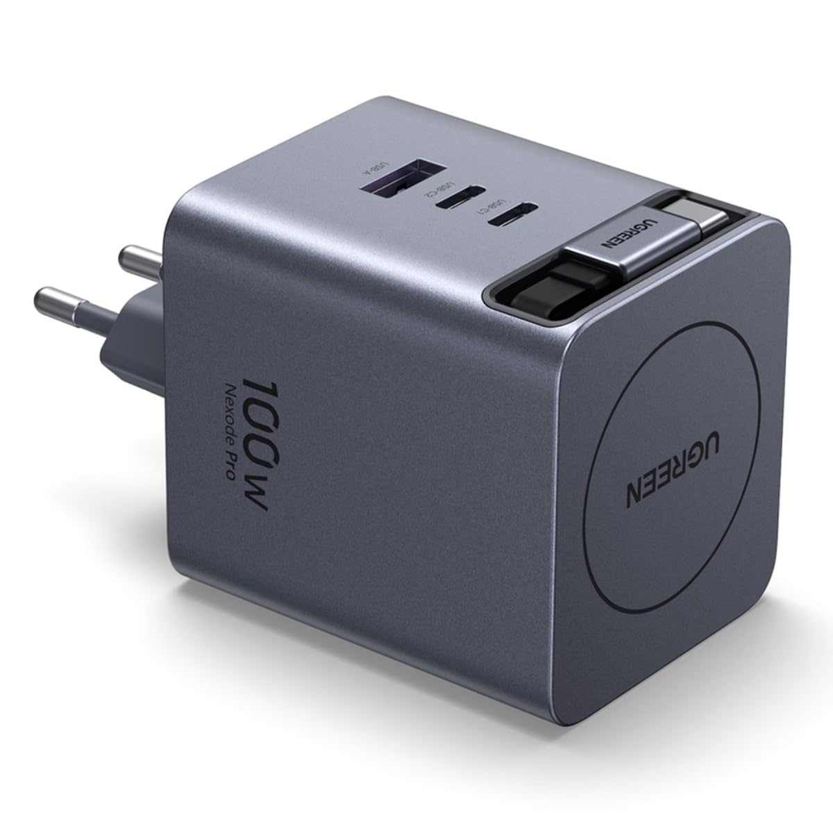 Carregador Ugreen Nexode GaN Infinity 1x USB-A + 2X USB-C 100W com Cabo Retrátil