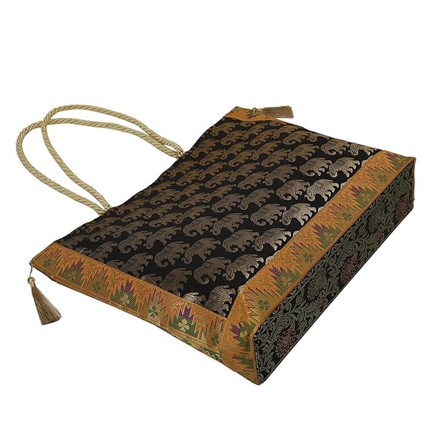 Image of Hand Purse | Traditional Hand Purse | Silk Wallet Hand Bag | Shagun HandPurse | Gifts HandBag | Golden Handle Tote Handbag | Brocade Shoulder Bag | 16 INCH