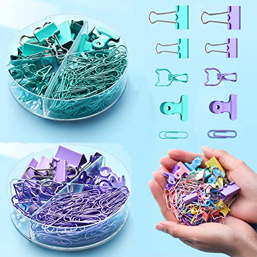 168個 クリップ 5種類 2色 2箱セット ダブルクリップ 目玉クリップ かわいい ロングテール クリップ リーンクリップ ペーパークリップ 猫型 クリップ 書類整理 事務用品 文房具 学校 オフィス用品 緑と紫