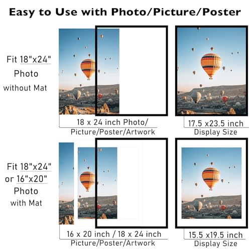 Image of JCJMY 18x24 Picture Frame with 16x20 Mat, Display Photo 16x20 with Mat or 18 x 24 Without Mat, Wall Hanging Large 18 by 24 Poster Frame with Plexiglass, Black