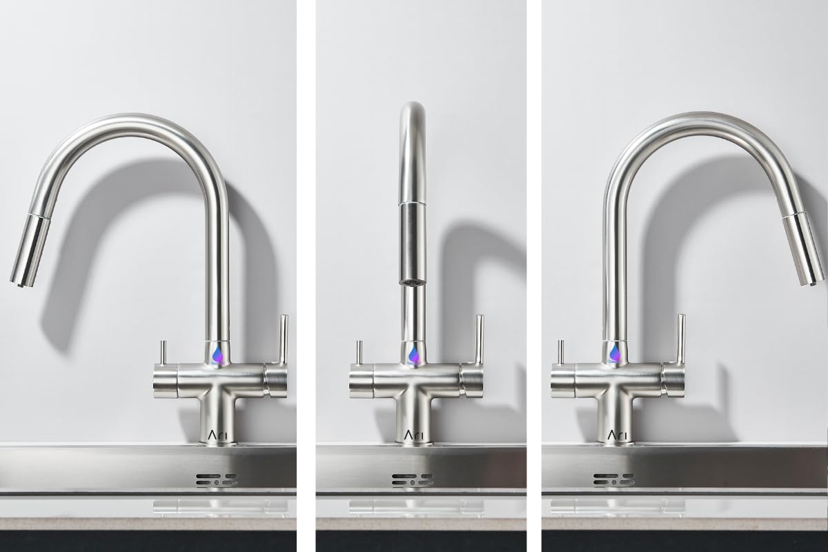 Ari Rubinetto da cucina a 3 vie, con beccuccio estraibile, girevole a 360°, set con filtro dell'acqua sottolavello, sistema di nano-filtrazione, Nano Pad (acciaio inossidabile)