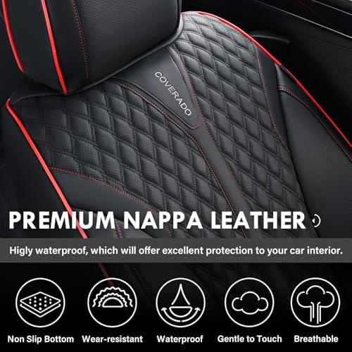 Image of Coverado Front Seat Covers, Waterproof Seat Covers, 2 Pack Nappa Leather Car Seat Covers, Black Seat Covers for Cars, Automotive Seat Covers Universal Car Seat Protector Fit for Most Cars, Black&Red