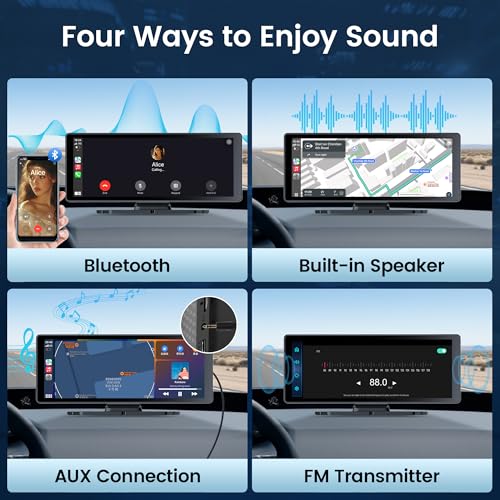 10.26" Carplay Screen for Car,4K Dash Cam,Portable Tablet for Apple Android Auto,Voice Touch Control GPS Navigation,Stereo Audio Radio,Rear Backup Camera,Bluetooth,Wireless Mirror for Truck