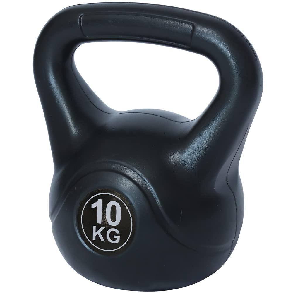 BAKAJI Kettlebell 10 Kg di Peso in PVC e Cemento per Palestra, Fitness, Riabilitazione, Esercizio, Allenamento Forza, Impugnatura Ergonomica Anti-Scivolamento, Fondo Piatto per Maggiore Stabilità