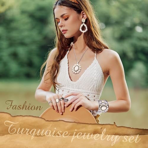 Image of Ecally Bohemian Western Jewelry Turquoise Set Women Country Pendant Long Choker Layered Bracelets Earrings Ring for Women