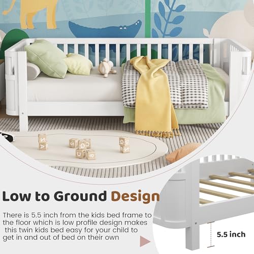 Twin Size Montessori Bed with Guardrails, Wood Kids Bed Frame with Slats Support, Low to Ground Modern Baby Bed with Removable Side Rails for Boys Girls Bedroom Living Room, White - Thumbnail 3