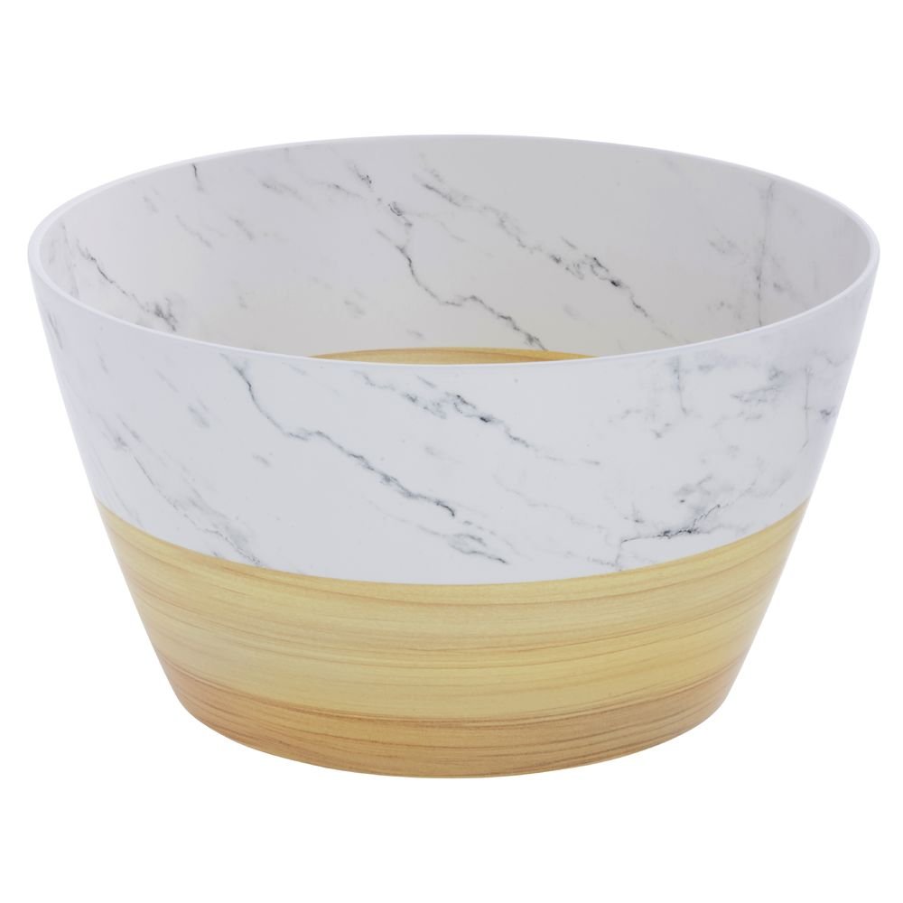 Serving Bowl Wood and Marble Look Melamine - 12"Dia x 6 1/2"H by HUBERT – Melamine, White, Model H0195-LT WD/MAR