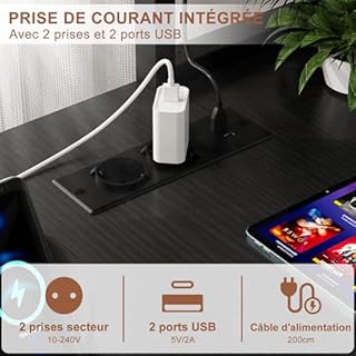 iSunirm Bureau Gaming en Forme de L,125x90x75cm Bureaux à Domicile avec LED et Prises,Table en L avec Sac de Rangement et Crochet pour Le Travail à Domicile et Gaming, Noir