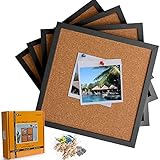 Board2by Cork Bulletin Boards 12 X 12, Black Framed Cork Tiles, Small Corkboards for Walls, Squares Pin Board 1/2 Inch Thick, Mini Wall Bulleting Board with 16 Push Pin Wood Clips, 4 Pack