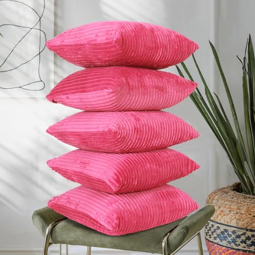 Image of RD TREND Cushion Cover Set of 5, Decorative Sofa Living Room Home Square Cushion Covers 24 Inch x 24 Inch, Aesthetic Corduroy Striped Double Sided (Salmon,Pack of 5)