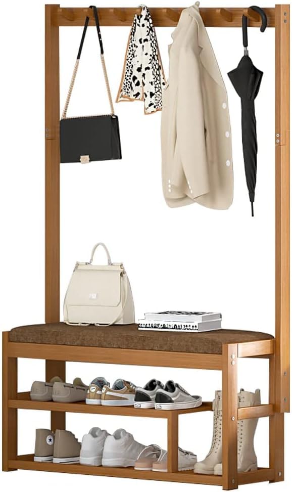 Portemanteau en bambou robuste avec tabouret à chaussures et crochets pour l'entrée