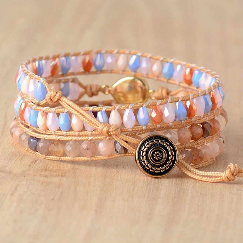 Braccialetti boho multistrato fatti a mano per donna, braccialetti con perline rotonde sfaccettate regolabili, bracciale chakra con ciondolo a cuore per uomo e donna
