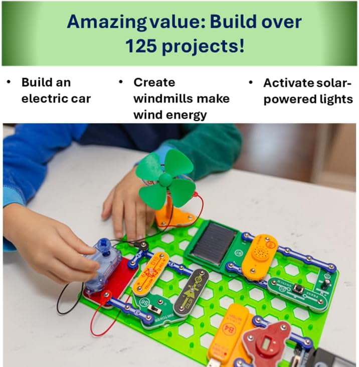 Snap Circuits kit showing various projects like electric car, windmills, and solar-powered lights.