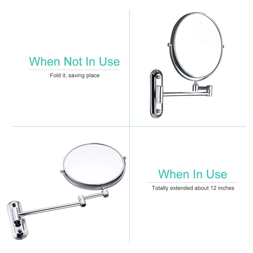 Espejo de maquillaje de montaje en pared, giratorio de 360°, de doble cara, aumento de 10X, espejo de baño extensible, espejo de belleza de forma redonda plegable, trefilado de alambre de ní