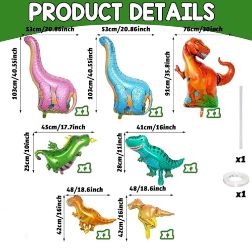 Image of Dinosaur Foil Balloons Set (12-50 in), 7 Pieces Large Dinosaur Aluminum Mylar Balloons for Kids, Giant Cute Birthday Dino Party Decorations for Boys Jungle Dino Theme Baby Shower Decor Supplies