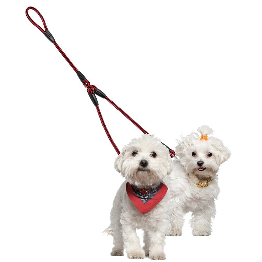 Kuntrona Braided Double Dog Leash Nylon 2 Way Coupler Rope Two Dogs Walking Leads 4 Colors 50 Inch Length for Small Breeds Red Blue S