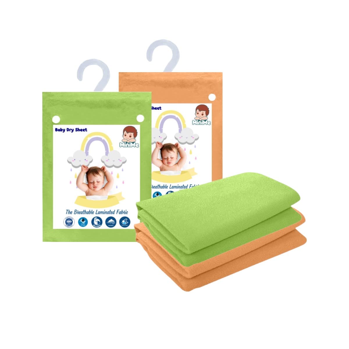 MINIME Baby Quick Dry Sheets for Baby- Medium- Pack of 2 | 100 X 70 cm | 100% Water-Proof, Anti-Dust Mattress & Bed Protector, Pista Green & Peach