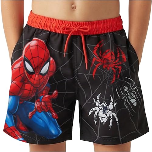 Marvel Spiderman Maillot de Bain Garcon 3-10 Ans, Short de Bain Enfant avec Cordon, UPF 50+, Poches, Piscine et Plage, Idee Cadeau (5-6 Ans, Noir Spiderman)