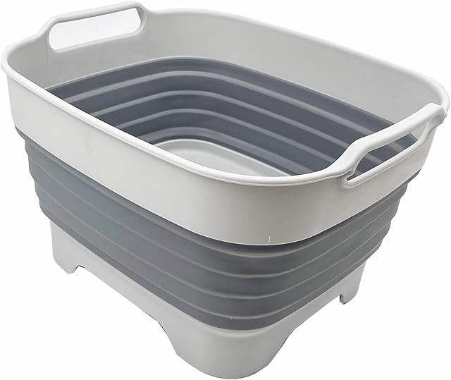 SAMMART 7.5L Collapsible Dishpan with Draining Plug - Foldable Washing Basin - Portable Dish Washing Tub - Space Saving Kitchen Storage Tub (Gray)