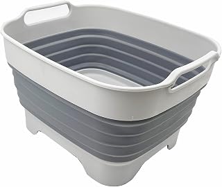 SAMMART 7.5L Collapsible Dishpan with Draining Plug - Foldable Washing Basin - Portable Dish Washing Tub - Space Saving Kitchen Storage Tub (Gray)