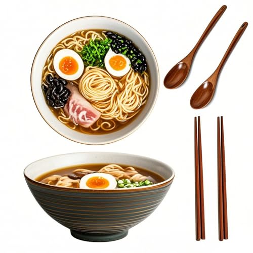 Haayymo Lot de 2 bols à ramen en céramique avec baguettes et cuillères de 1200 ml - Grands bols à soupe de style japonais rétro en porcelaine - Vaisselle au micro-ondes - Ensemble cadeau pour salade