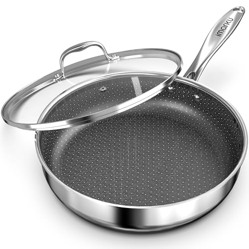 Image of imarku Non Stick Frying Pans, 12" Stainless Steel Pan, Hybrid Skillet with Lid, Deep Large Saute Pan, Dishwasher & Oven Safe, Induction Compatible Cooking Pan, PFOA Free
