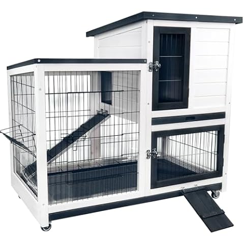 FunXplore Rabbit Hutch Indoor Bunny Cage Outdoor with Urine Baffles 2 Storey Mobile Guinea Pig Cage Wire Bottom 2 Trays Cover