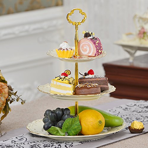 YOLIFE Pink Rose Pattern 3 Tiered CupCake Stand, Emboss Golden Leaves Edge Porcelain 3 Tier Pastry Desert Fruit Stand by YOLIFE - Image 5