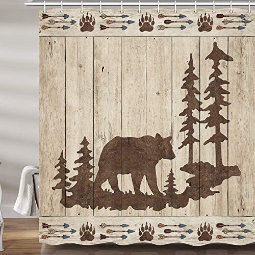 Bear Shower Curtains for Bathroom, Wild Animals Rustic Cabin Forest Bath Curtain Set, Bear Paw Print Wooden Board Fabric Bathroom Accessories Restroom Decor 12 Hooks Included (69" W X 72" H)