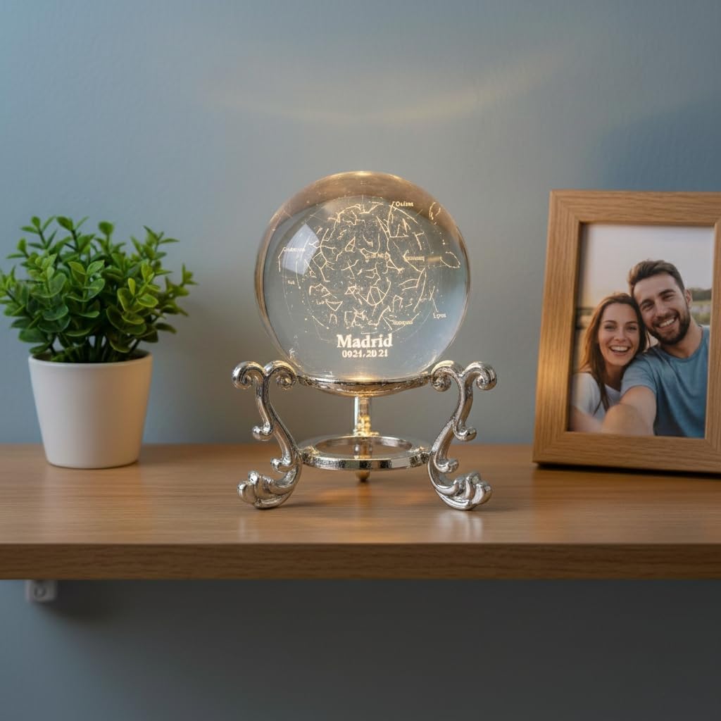 Personalized Star Map Crystal Ball – Custom Name & Date Night Sky, 3D Laser Engraved Constellation Globe with LED Base, Unique Anniversary, Birthday & Valentine’s Gift