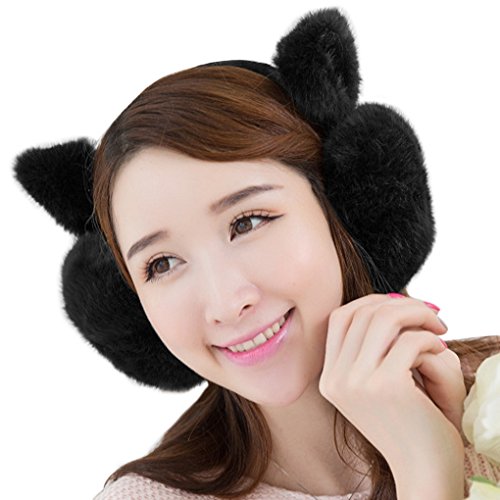 Lovely Cat Ear Foldable Earmuffs, Women Girls Cozy ry , Black, Size One