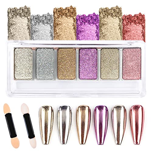 MRTREUP Chrome Nail Powder Palette , Metallic Mirror Effect Chrome Powder for Nails , Rose Gold Sliver Pink Holographic Nail Glitter Nail Pigment Powder for DIY Salon Nail Art Decorations