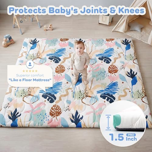 PaPaMat 1.5" Thick 71x59 Baby Play Mat Removable & Machine Washable Cover Softness Foam Play Mats, Easy-Clean Hygienic, Comfort Safety Kids Crawling (Tummy Time Leaves)
