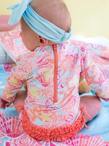 Image of RuffleButts Baby Girls UPF 50+ Sun Protection Floral Printed Long Sleeve One Piece Rash Guard Swimsuit with Zipper