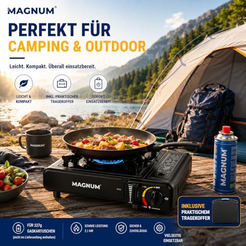 MAGNUM® Gaskocher inkl. 8 Kartuschen - Campingkocher mit Piezozündung - Camping Gaskocher stufenlos regulierbar - Gaskocher Camping 1-Flammig | Campingkocher | Testnote sehr gut | Camping Gaskocher | Piezozündung | 2,1 kW | Transportkoffer | Made in Europe Gas – Bild 4