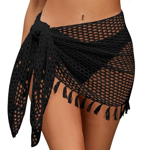 SEAUR Falda de ganchillo para mujer, para playa, corta, transparente, con cordón, minipareo, de ganchillo, para bikini, cubierta de red de pesca, S-XL, Pareo con flecos - Negro, XL