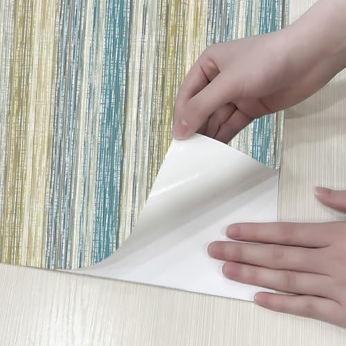 Jansemi-HF Boho Stripe Peel and Stick Wallpaper, 17.3" W x 118" L, Teal Yellow Beige Self-Adhesive Canvas, Water Resistant Textured Wall Decor for Living Room, Bedroom, Kitchen by Jansemi-HF - Used condition - Image 5