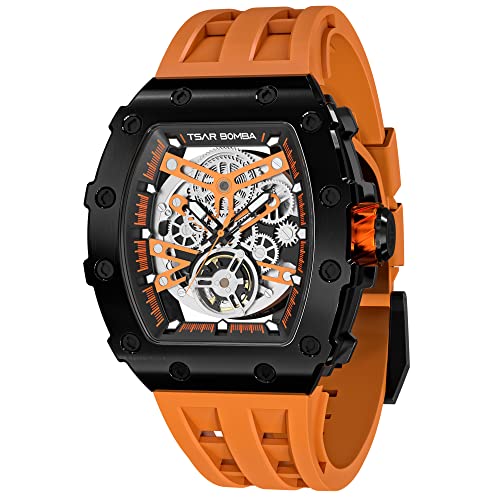 TSAR BOMBA Men's Automatic Watch Tonneau Luxury Skeleton Watches for Men 50M Waterproof Analog Wrok Mens Watches Unique Cool Silver Square Big Face Wristwatch Silicone Strap