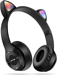 Fone Gatinho Fone de Ouvido Bluetooth Sem Fio, LED RGB, Dobrável, Design de Orelha de Gato (Preto)