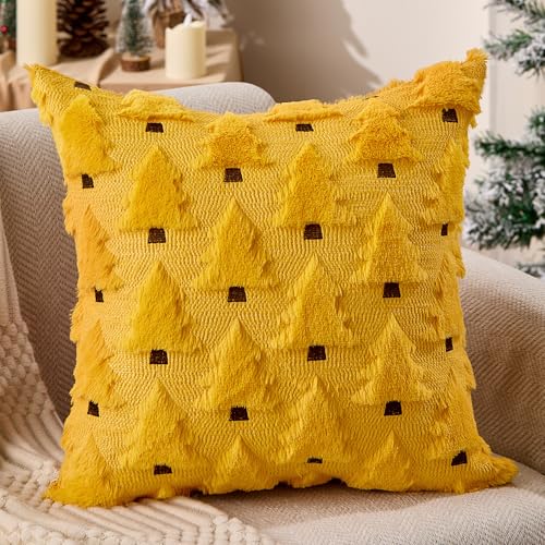 Image of Allorry Christmas Pillow Covers 18x18 inch Set of 2 Yellow Christmas Decorations Soft Plush Faux Fur Wool Christmas Tree Throw Pillow Cases Winter Holiday Decor for Sofa Living Room PT002G18