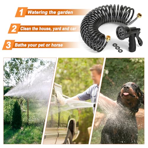 GASHER 100FT x 3/8" Coil Garden Hose, Expandable Garden Hose with 3/4" Brass Connector, Watering Hose Includes 8 Patterns Spray Nozzle for Outdoors Lawn Watering Car Washing by GASHER - Used condition - Image 7