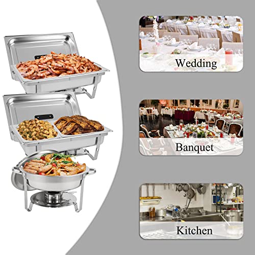 Restlrious Chafing Dish Buffet Set 6 Pks, Stainless Steel 5Qt Round & 8Qt Rectangle Foldable Chafers & Buffet Warmers Set, W/Full & Half Size Food Pan, Water Pan, Fuel Holder & Lid For Catering Event #TOP4