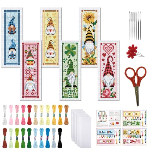 Image of FREEBLOSS 6 Set Cross Stitch Bookmark Kit St. Patrick Gnome Pattern Stamped Cross Stitch Kit 11CT Christmas Embroidery Kits with Instructions for Beginners Adult 20x6cm /8x2.4inch