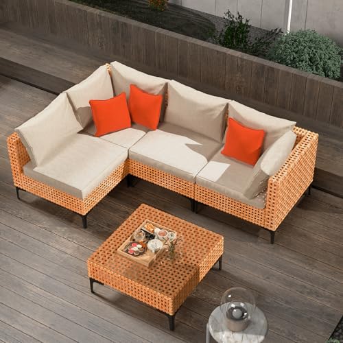 ARTBUSKE 5 Piece Patio Furniture Set Modular Outdoor Furniture Set Wicker Sectional Patio Sofa with Table Cushions Patio Set for Balcony Porch Deck Yard (Salmon&Orange Wicker, Sand Cushion)