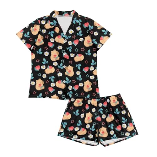 Image of Women's Short Sleeve Sleepwear Button 2 Piece Plus Size Pajamas Casual Soft Stretchy Funny Nightwear with Pockets