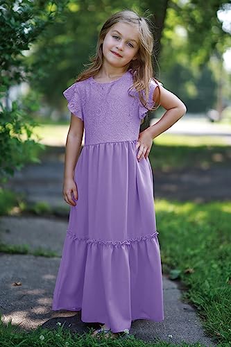 Image of MITILLY Girls Lace Flower Wedding Guest Long Maxi Dress for 6-12 Years | Girls Boho Dress, Girls' Special Occasion Dresses, Wedding Party, Size 6-12 Years, Ruffle Sleeve, A Line, With Pockets