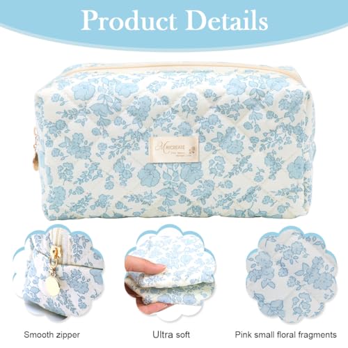 Image of MAYCREATE Fashion Makeup Bag Travel Makeup Pouch Blue Floral Soft Zipper Utility Zipper Pencil Pouch Gadget Stationeries Storage Tool Organizer Bag, 20.5x9x9.5cm