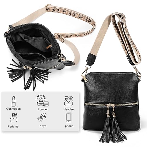 Image of Uromee Crossbody Bags for Women Trendy Vegan Leather Multi Pocket Tassel Ladies Shoulder Handbag Purse Adjustable Strap
