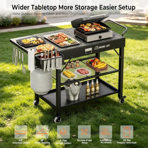 MUMU JOY Grill Cart, 19 inch,3 Tier Foldable Grill Table with Wheels 500 Lb